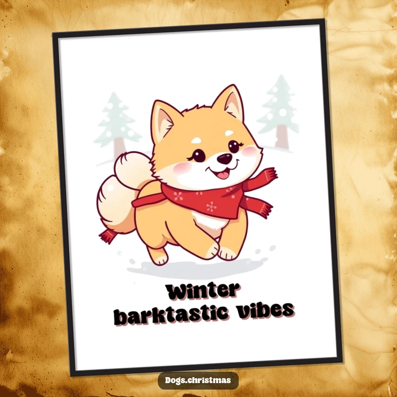 Funny Kawaii Shiba Inu Poster: A cute dog with a festive bandana joyfully bounding through powdery snow, capturing winter's magic.