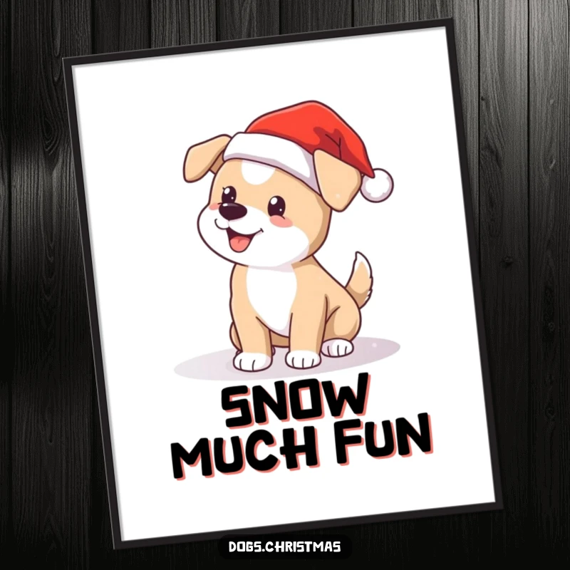 Funny Santa dog poster, wagging tail in snow, cute holiday art print, joyful Christmas decoration for dog fans.