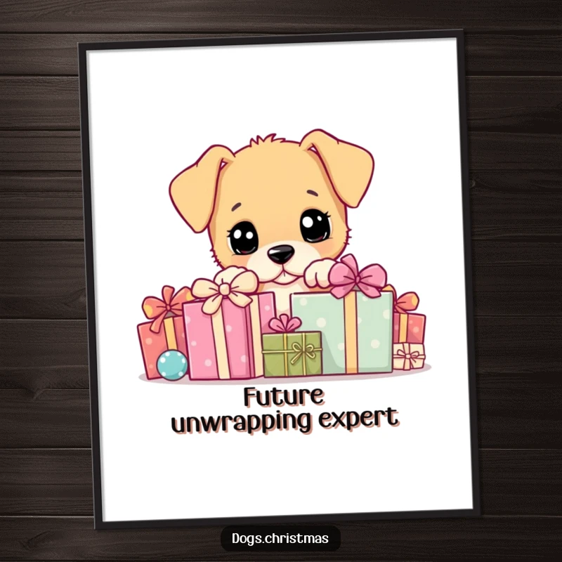 Funny Poster: A curious puppy peeking out from behind a mountain of colorful presents, capturing a moment of pure delight.
