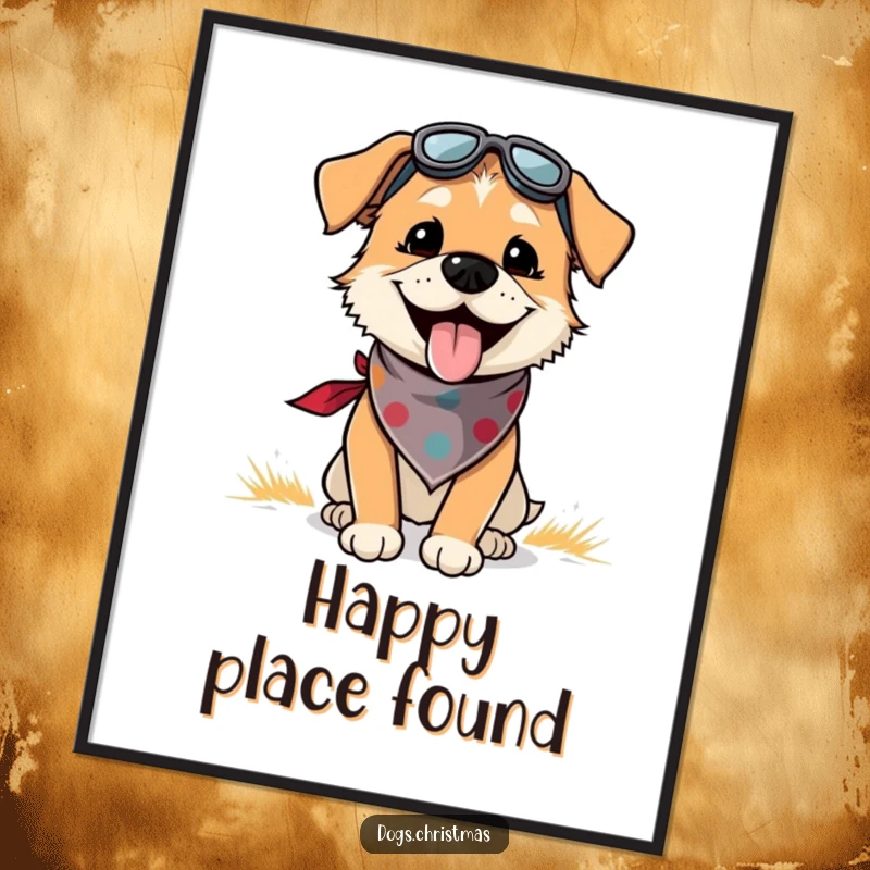 Funny poster of a dog with a bandana, panting with exuberant joy in an outdoor setting, vibrant and humorous wall decor.