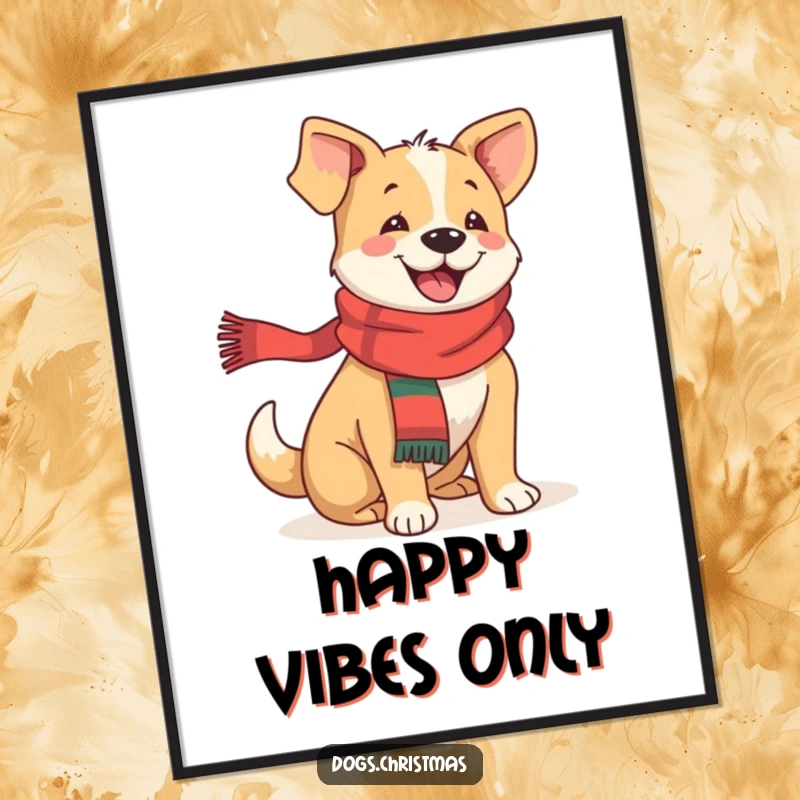 Funny festive dog poster of a happy dog in a scarf, tail wagging with pure joy, perfect for uplifting decor.