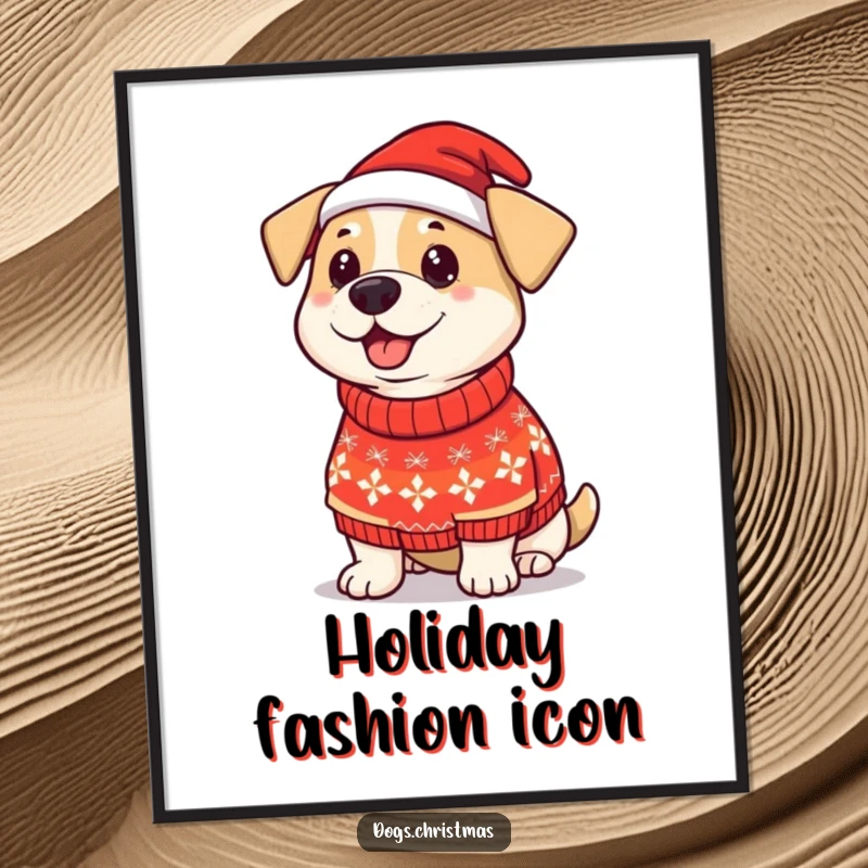 Funny Dog Christmas Sweater Poster: A proud dog models a silly Christmas sweater, creating joyful and humorous holiday wall art.