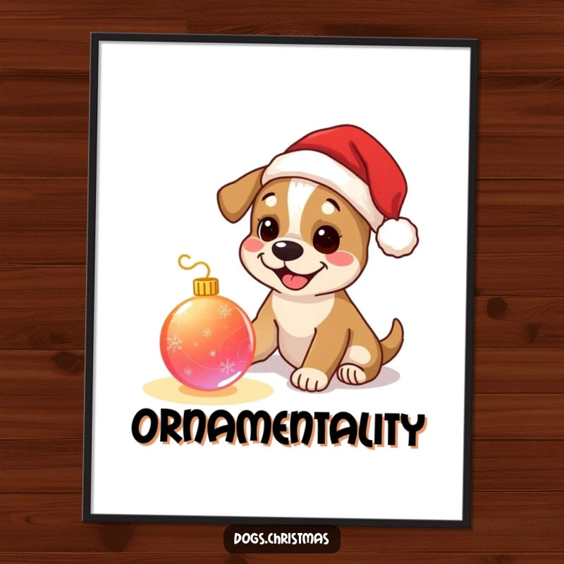 Funny dog poster, happy pup wearing tiny Santa hat, playing with a glowing Christmas ornament, festive holiday wall art.