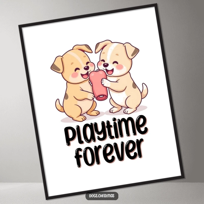 Funny Dog Poster featuring two cute kawaii dogs playfully wrestling with a chew toy, perfect for adding playful charm to walls.