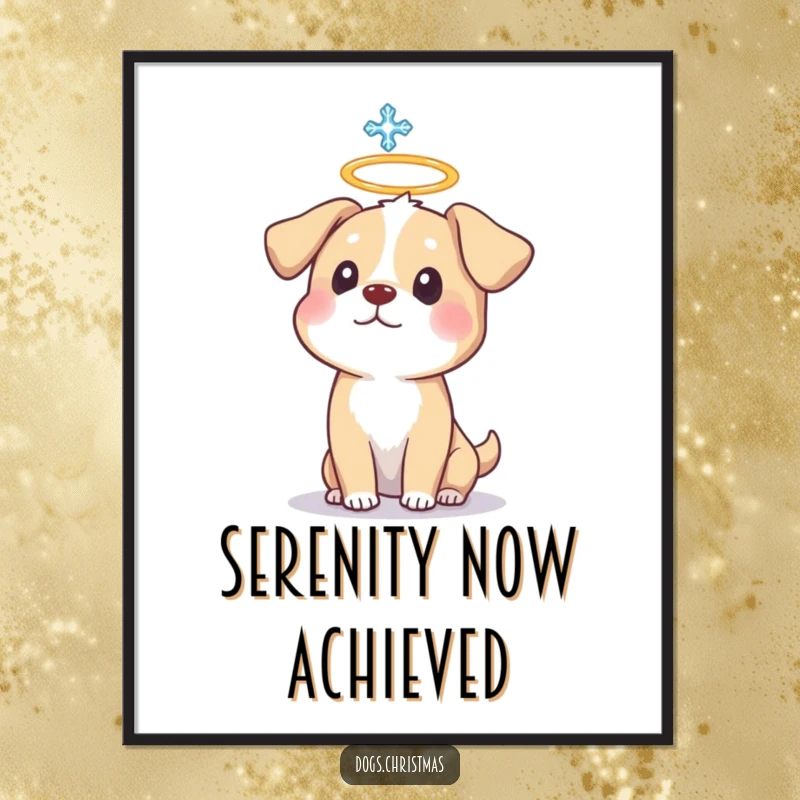 Funny Dog Halo Poster capturing a surprised dog with a halo and a snowflake, humorous wall art.