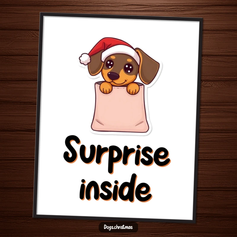 Funny Dachshund Poster: A dachshund in a Santa hat peeks from a gift bag, a humorous and charming holiday art print.