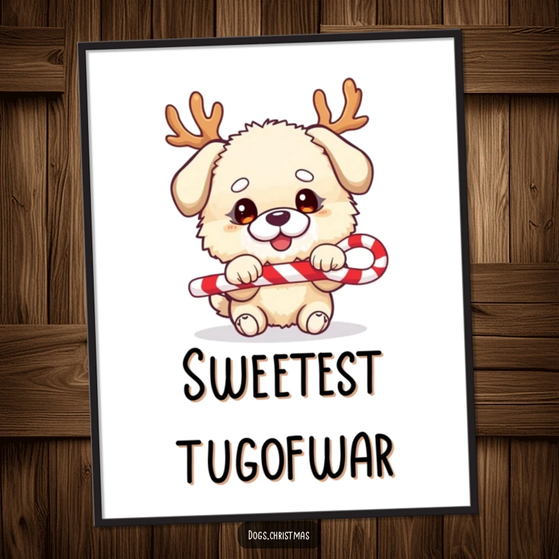 Funny dog poster, fluffy character, festive antlers, playing tug-of-war with candy cane, charming wall art.