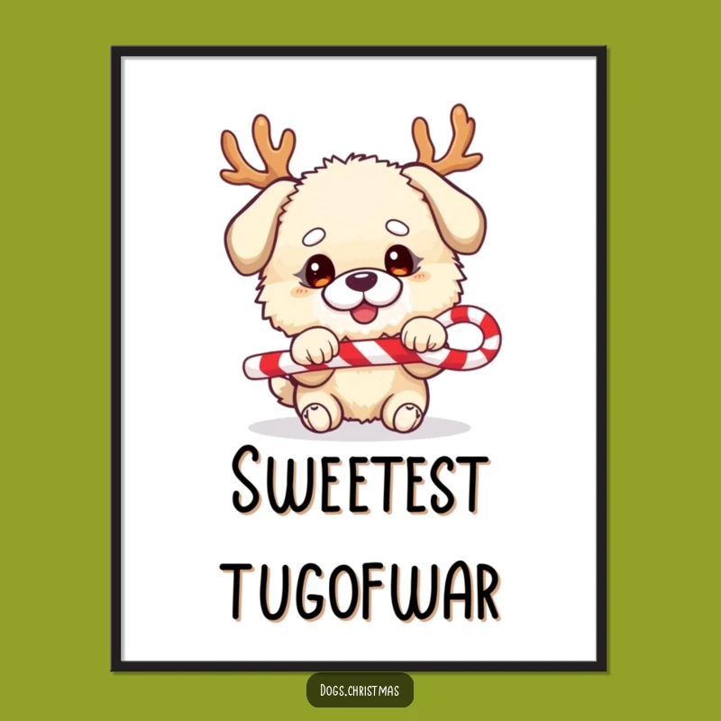 Funny Festive Dog Poster - Fluffy Antler Pup Candy Cane Art