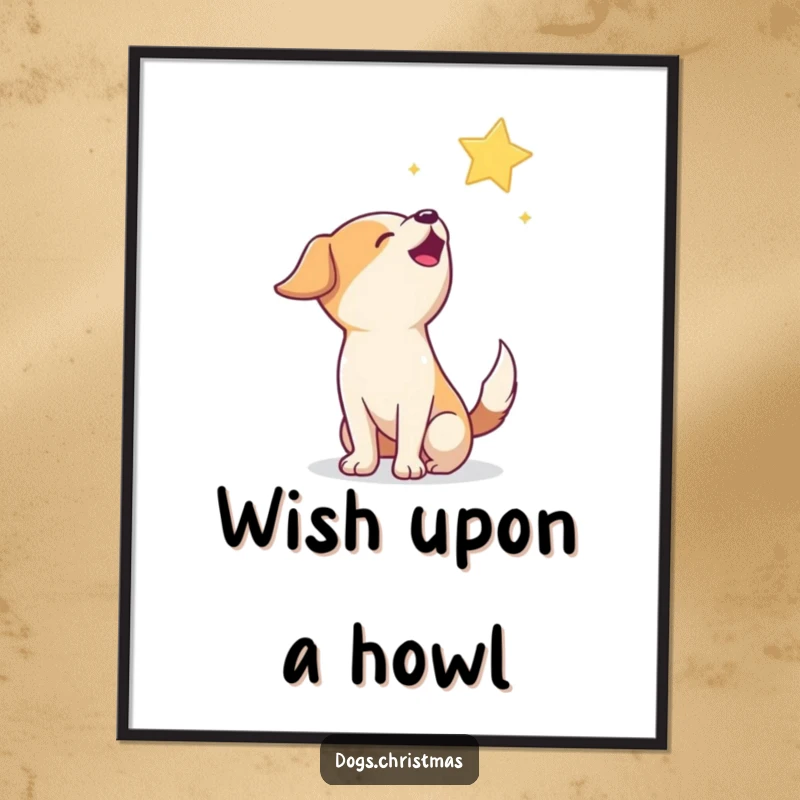Funny Howling Dog Poster: A humorous art print of a happy dog howling joyfully at a twinkling star in a starry night.