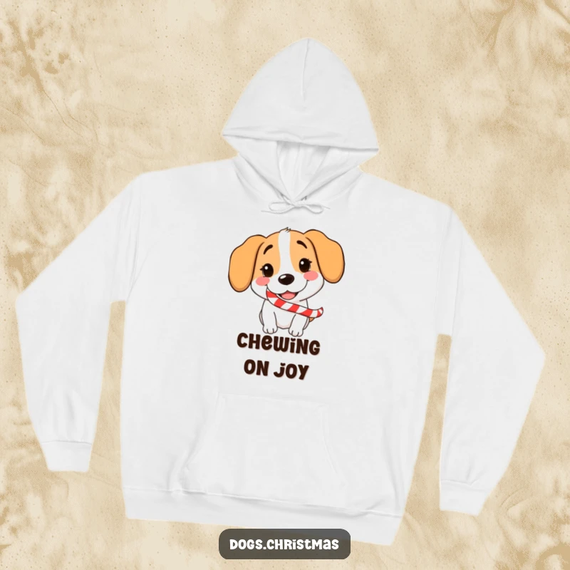 Funny Dog Candy Cane Hoodie featuring a grinning dog with a candy cane, perfect for cozy holiday laughs.