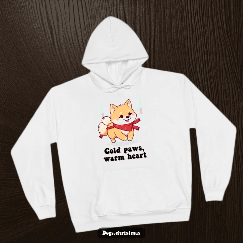 Funny Kawaii Shiba Inu Hoodie: A happy dog wearing a festive bandana, bounding gleefully through soft snow, exuding pure joy.