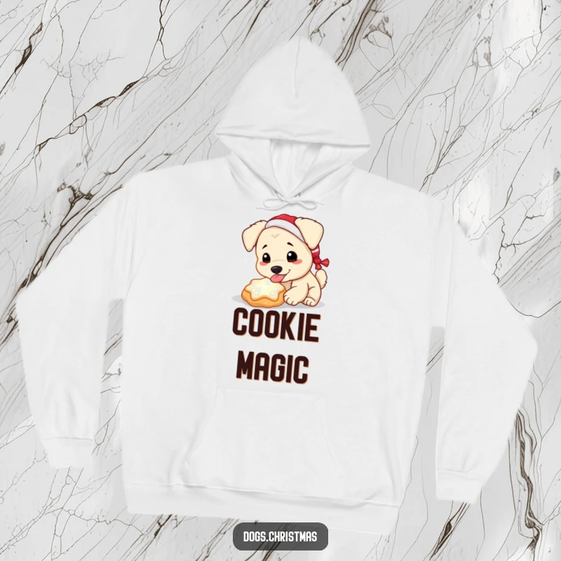 Funny Kawaii Dog Hoodie: A dog licking a glowing Christmas cookie, perfect for a funny and magical holiday look.