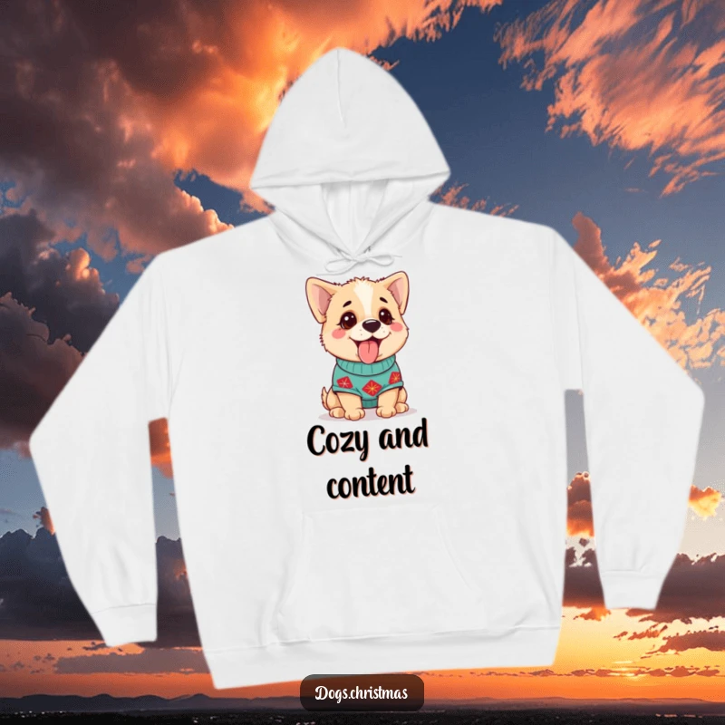 Funny Dog Hoodie featuring a cute dog in a festive sweater, panting happily for ultimate cozy vibes.