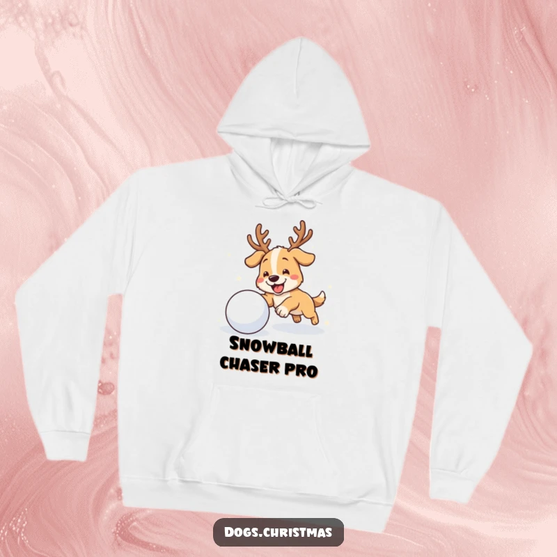 Funny antler dog hoodie showing a dog with antlers gleefully chasing a snowball, perfect for cozy winter wear.