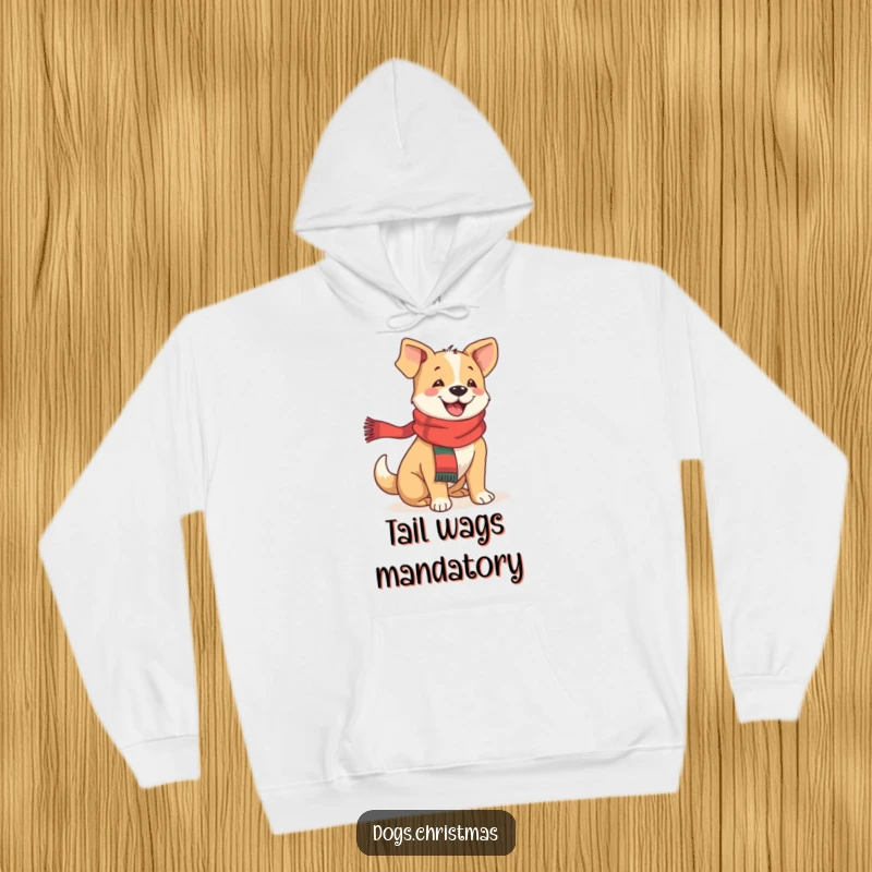 Funny festive dog hoodie featuring a happy dog in a scarf, tail wagging with pure joy, perfect for cozy wear.