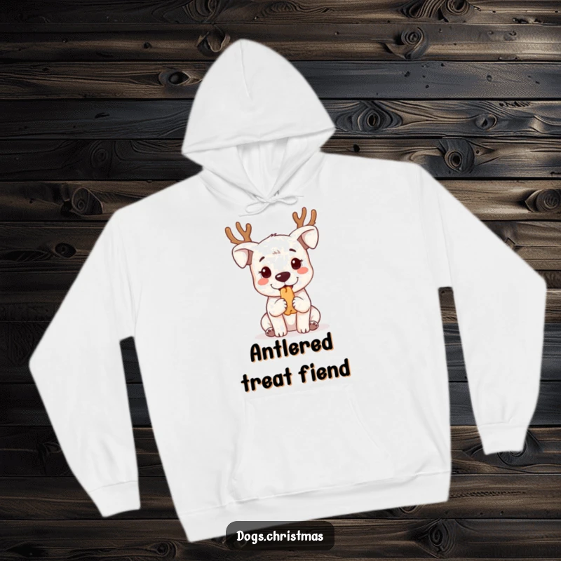 Funny kawaii dog wearing reindeer antlers, begging, printed on a soft, warm hoodie for ultimate comfort and style.