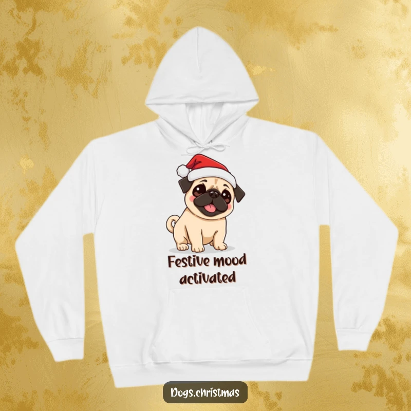 Funny Pug Santa Hoodie featuring a cute pug wearing a Santa hat, excitedly wagging its tail, perfect for cozy holidays.