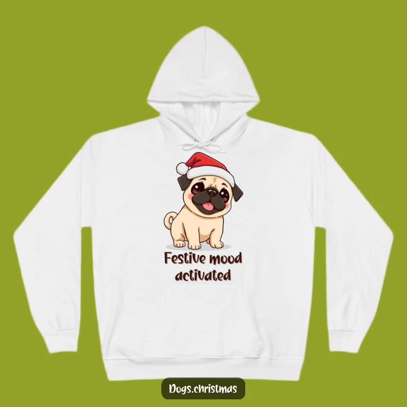 Cozy Funny Pug Santa Hoodie: Excited Tail Wagging Dog Sweatshirt for Warm Holidays