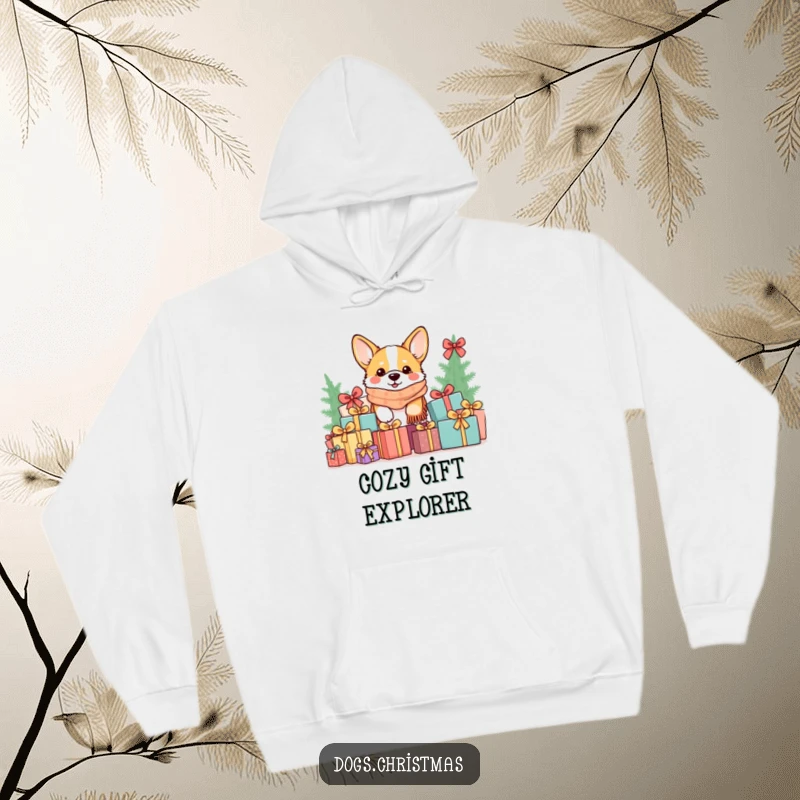 Funny Kawaii Corgi Hoodie: A corgi in a cozy scarf peeks from a gift pile, a humorous and warm winter hoodie.