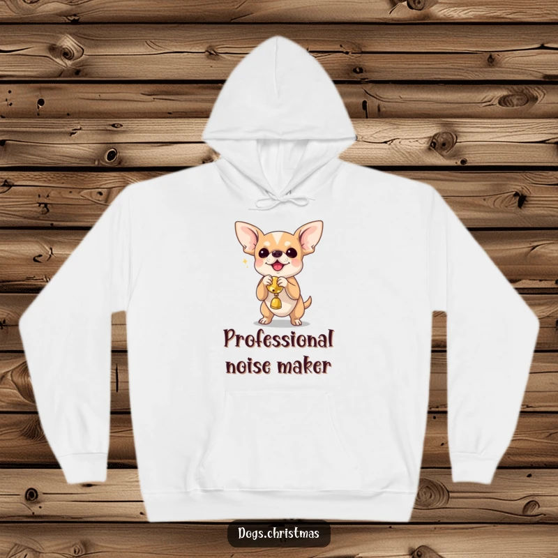 Funny chihuahua vigorously shaking a jingle bell toy, cozy hoodie design for ultimate pet parent humor.
