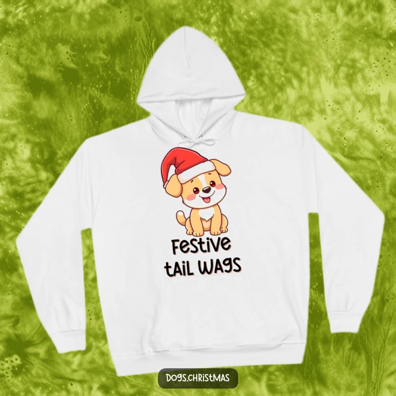 Funny kawaii Christmas dog in a Santa hat, wagging tail, cozy hoodie, festive and fun, great funny gift.