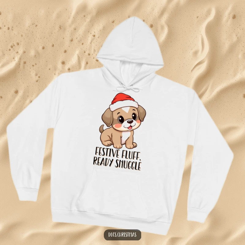 Funny and cozy hoodie showcasing a cute puppy donning a Santa hat and wagging its tail, ideal for winter comfort.