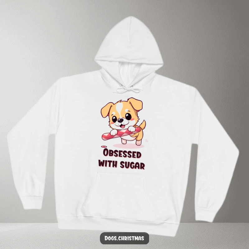 Funny and warm hoodie featuring a small dog excitedly chasing a rolling candy cane, perfect for winter.
