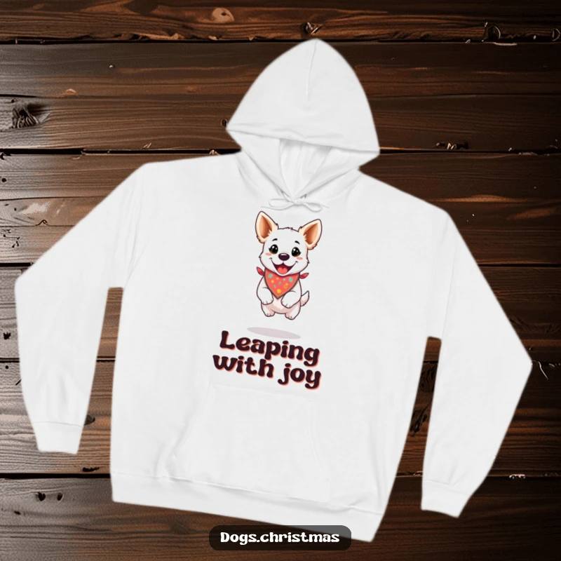 Funny and warm hoodie featuring a dog in a festive bandana, doing a happy, energetic jump.