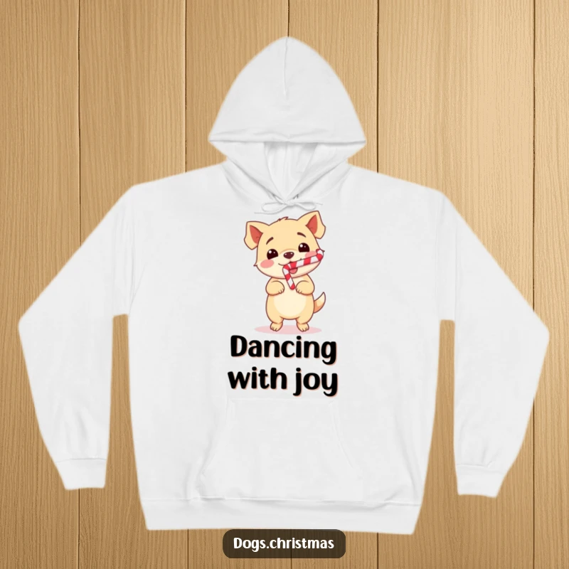 Funny Dog Hoodie featuring a cute kawaii dog doing a happy dance with a candy cane, ideal for holiday comfort and cheer.