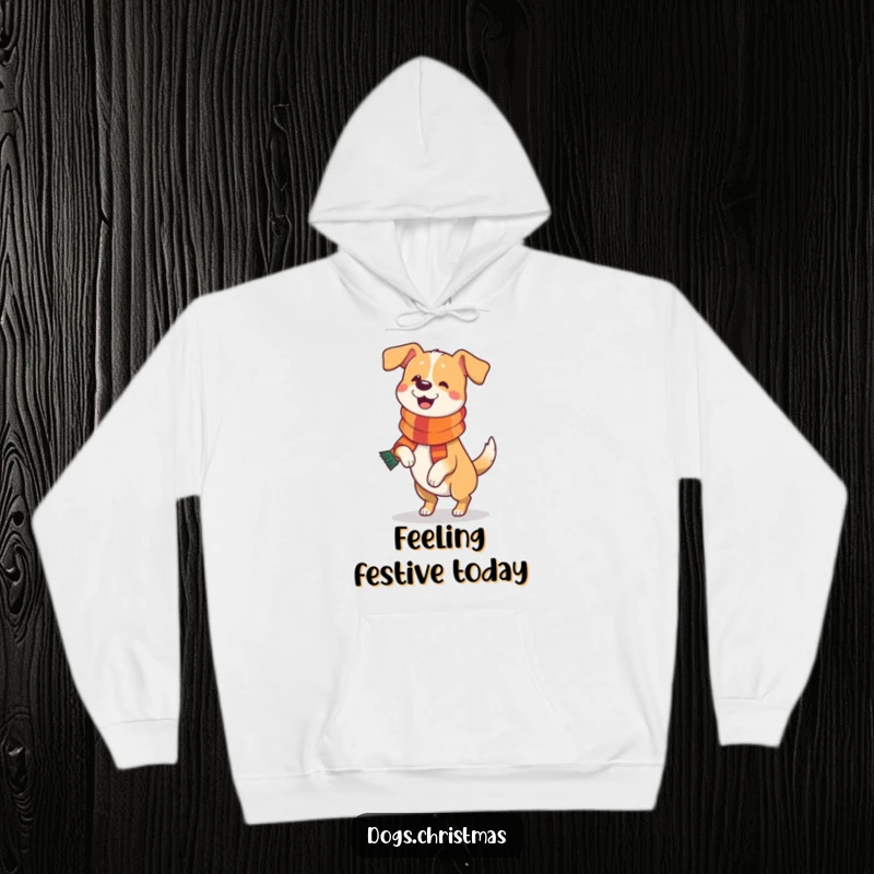 Funny Dog Hoodie: A warm hoodie featuring a funny dog wearing a festive scarf and doing a happy prance, full of holiday spirit.