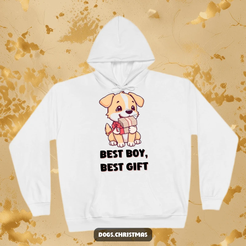 Funny Dog Hoodie: A joyful dog holds a present, its tail a blur of motion, offering warm and happy vibes.