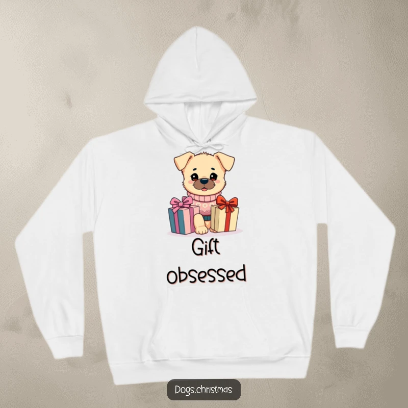 Funny Kawaii Dog Hoodie: A dog in a cute holiday sweater is captivated by a gift, perfect for a funny festive look.