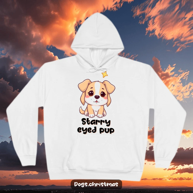 Funny hoodie featuring a dog looking up with hopeful eyes towards a bright, distant star.