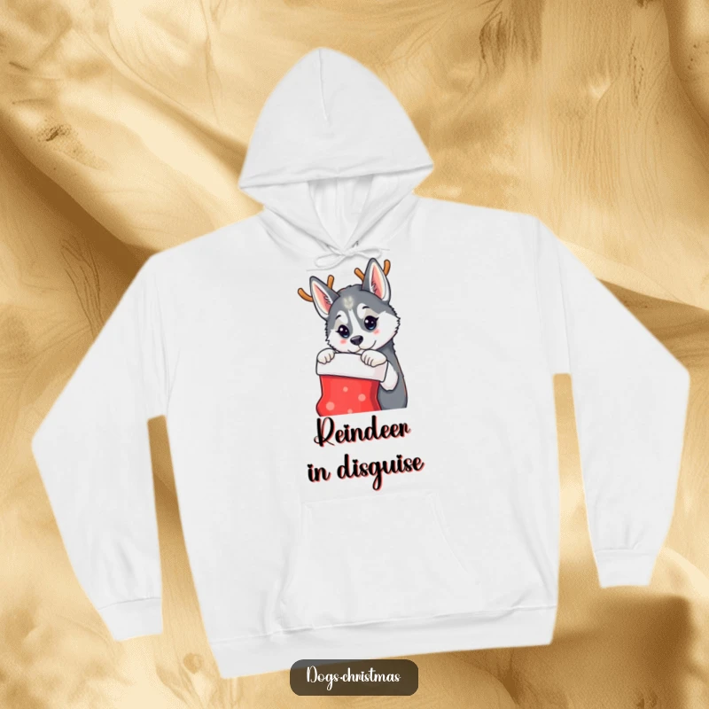 Funny hoodie with a husky dog wearing festive reindeer antlers, curiously inspecting a Christmas stocking, ready for holiday fun.