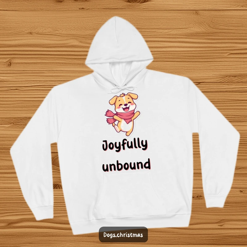 Funny dog hoodie, happy character wearing a scarf, doing a joyful leap, cozy and energetic.