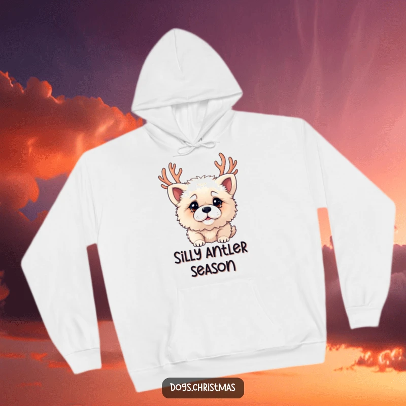 Funny and warm hoodie with a fluffy dog wearing antlers and a playfully confused look, ideal for winter.