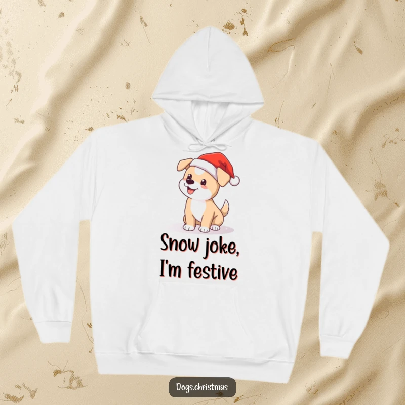 Funny Santa dog hoodie with a happy, wagging tail, set against a backdrop of snowy Christmas delight.