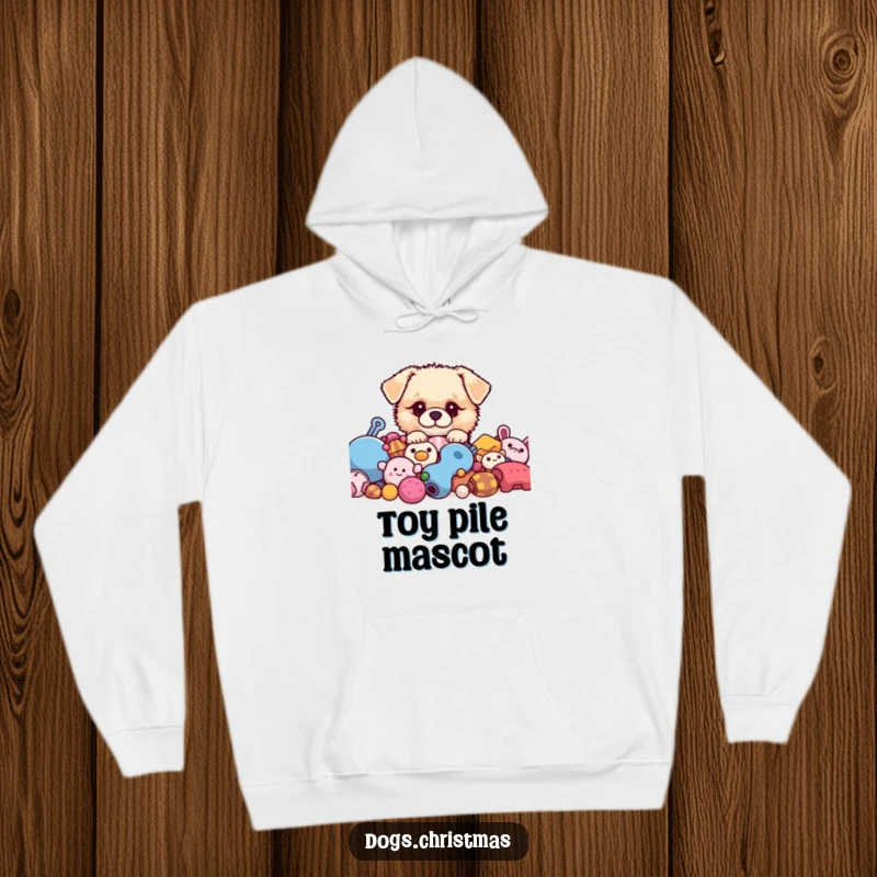Funny kawaii dog peeking from behind toys, cozy hoodie design, fluffy pup illustration, great funny gift.