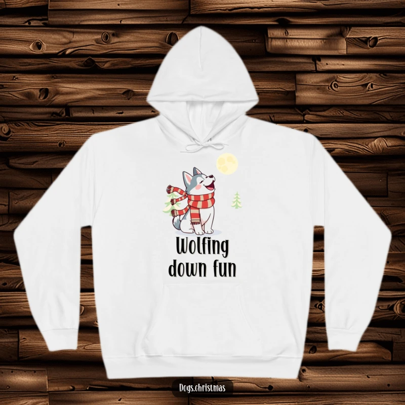 Funny kawaii husky wearing a festive scarf, howling with joy under a bright moon, designed for warmth.