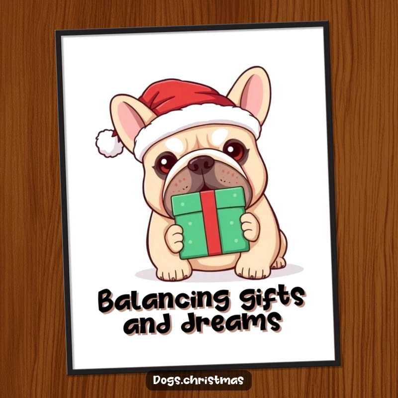 Funny Free Printable Wall Art: A kawaii bulldog wearing a Santa hat attempts to balance a gift on its cute nose.