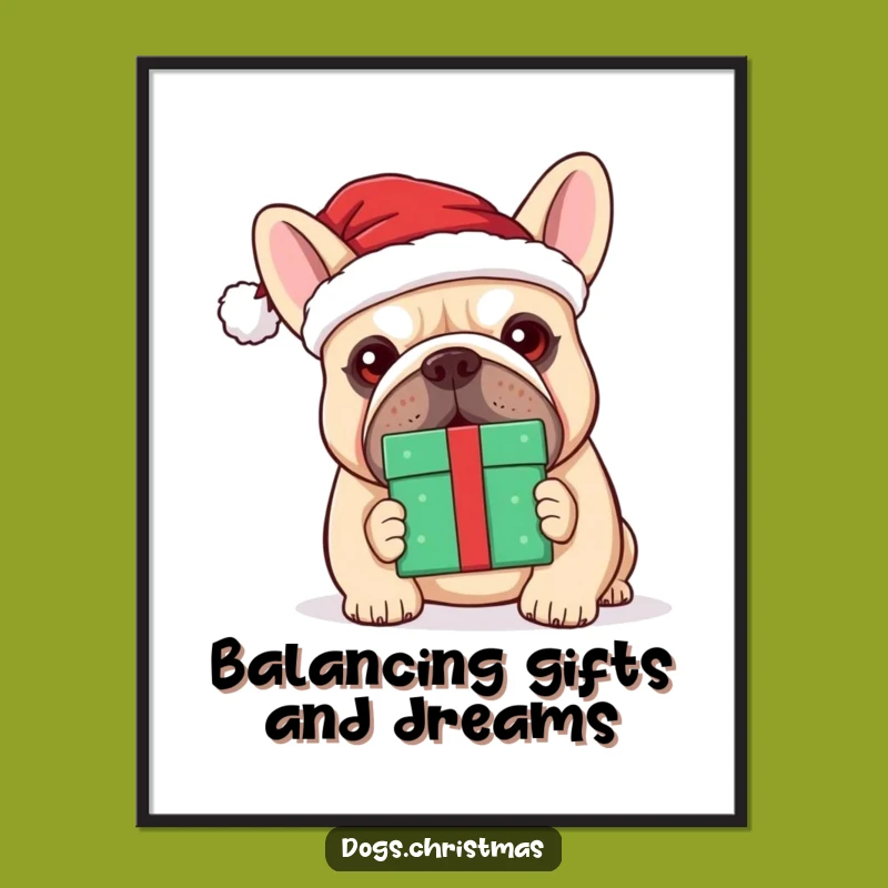 Kawaii Bulldog Balancing Gift Funny Printable Wall Art - Free Santa Dog Decor