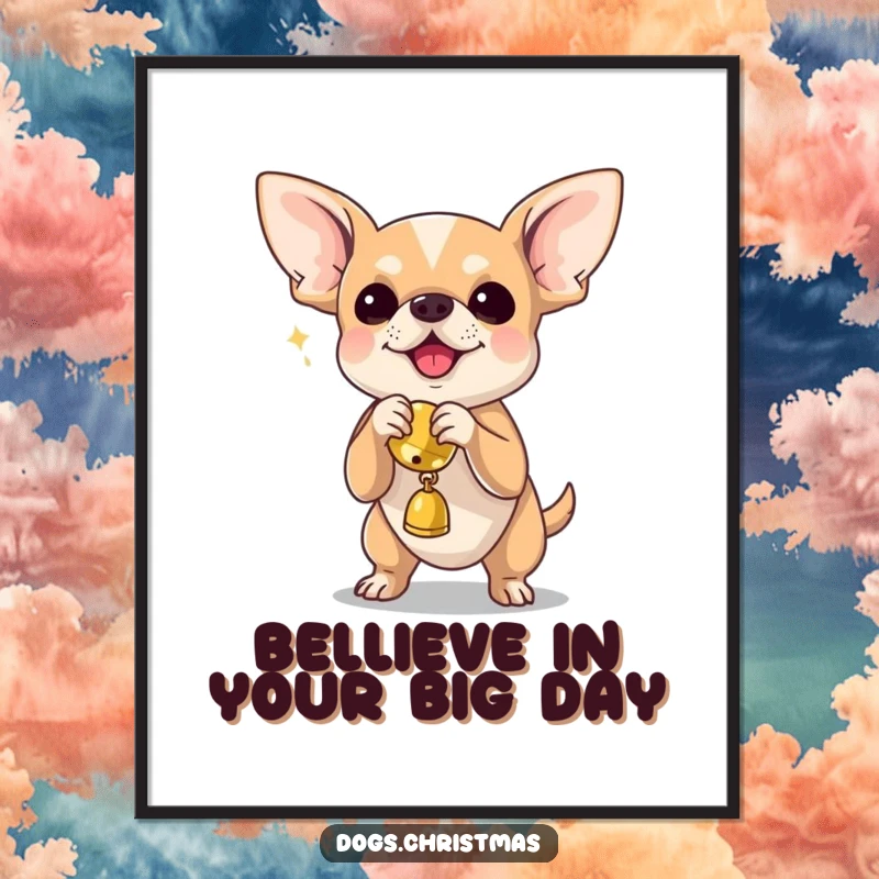 Funny free printable wall art showing a tiny chihuahua with huge enthusiasm shaking a jingle bell toy with glee.