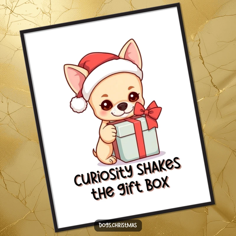 Funny Free Printable Wall Art: A kawaii chihuahua wearing a tiny Santa hat curiously shakes an unopened gift box.