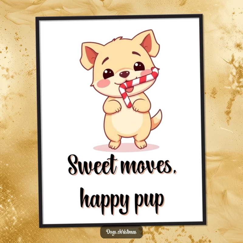 Festive Free Printable Wall Art: A kawaii dog caught mid-happy dance, a candy cane in its mouth, radiating pure celebratory joy.