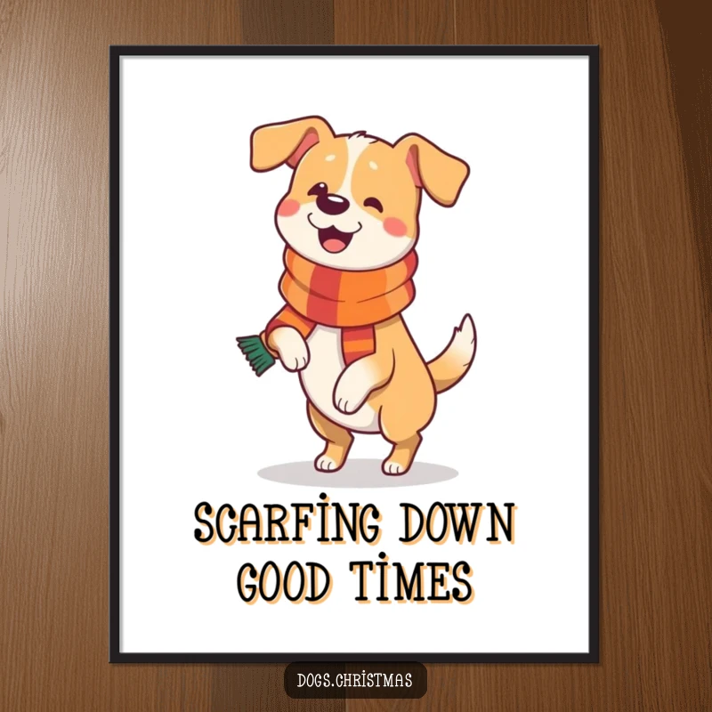 Funny Free Printable Wall Art: Dog wearing a festive scarf does a happy prance. Energetic and humorous pet art, downloadable.