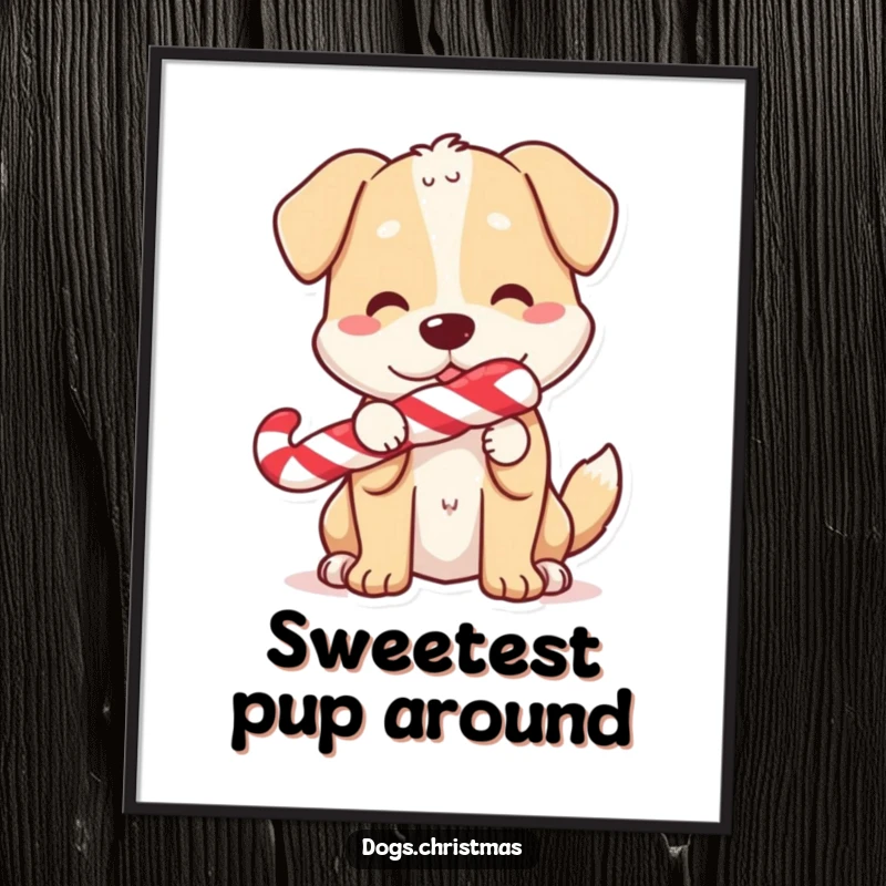 Funny free printable wall art: A playful dog holds a candy cane in its mouth, tail wagging with festive holiday spirit.