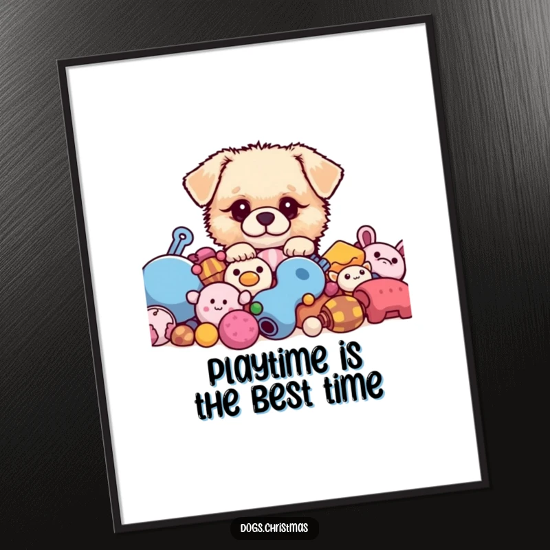 Funny Free Printable Wall Art: Small fluffy kawaii dog peeking from toys, adding adorable and humorous charm to any room.