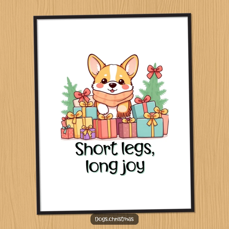 Funny Free Printable Corgi Wall Art: Kawaii corgi in scarf peeking from a pile of gifts, cozy and charming illustration.