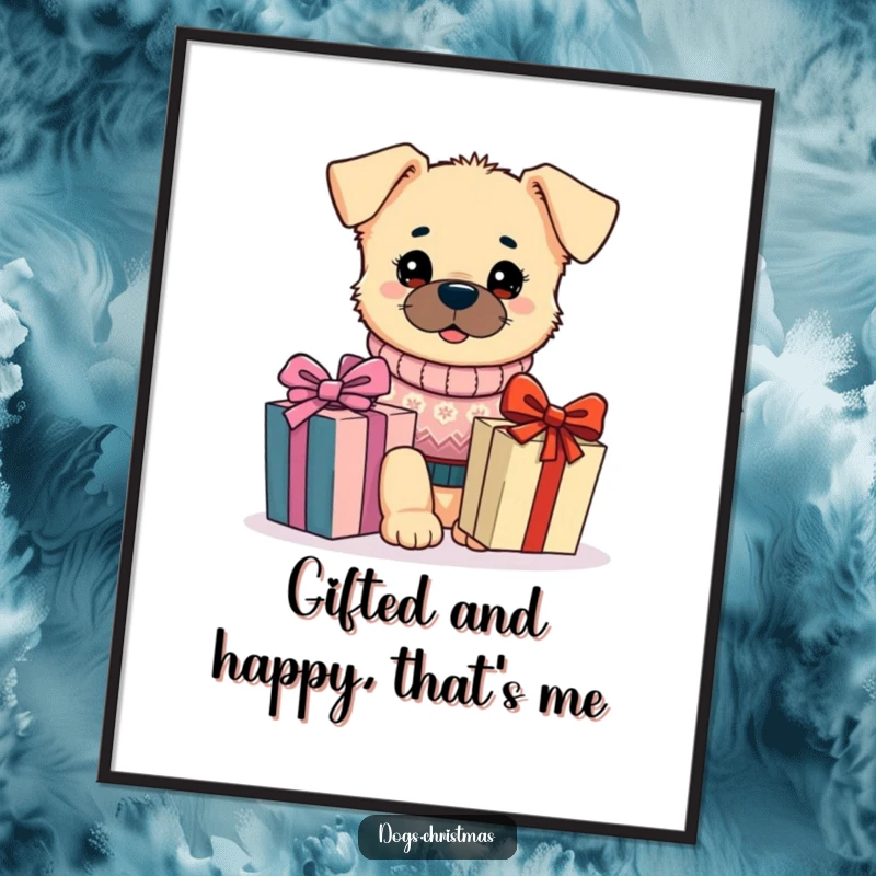 Funny Free Printable Wall Art: Kawaii dog in a festive sweater gazing at a gift, a charming downloadable piece.
