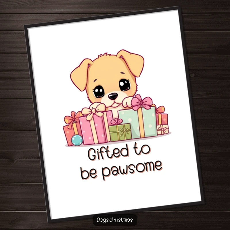 Funny free printable wall art: A playful puppy emerges from behind a delightful pile of wrapped gifts, adding humor to your decor.